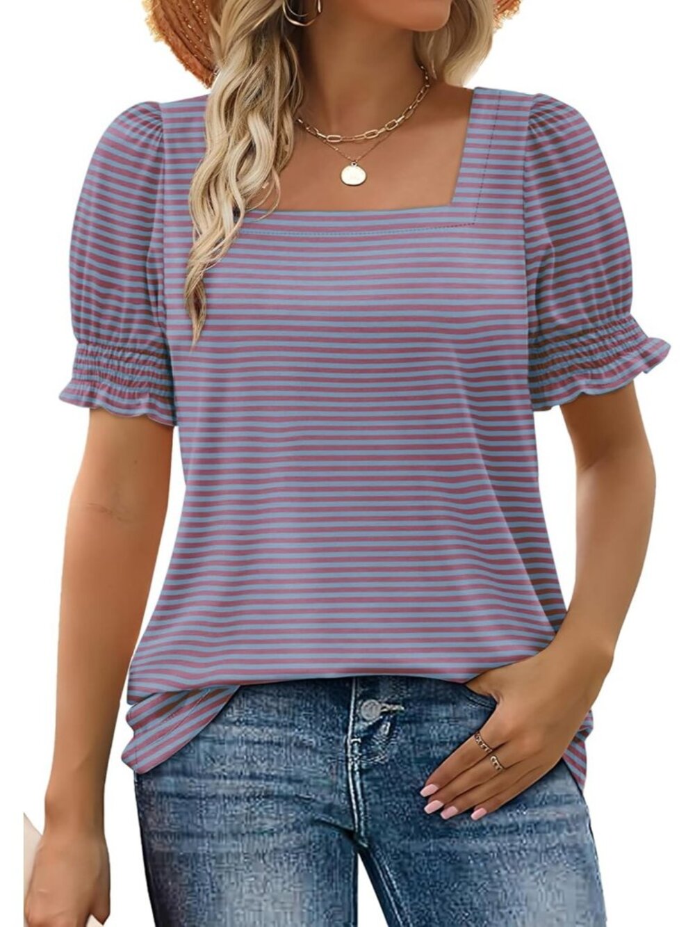 Women Blue Pink Stripe Square Neck Top Summer Casual Ruffle Trim Sleeve T Shirt